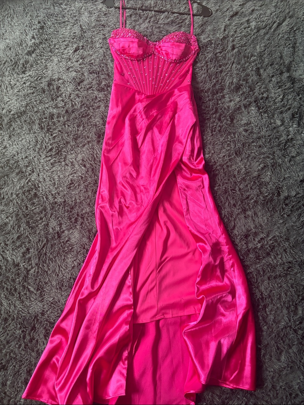 Fuchsia Beaded Satin Evening Gown - Spaghetti Strap Formal Dress